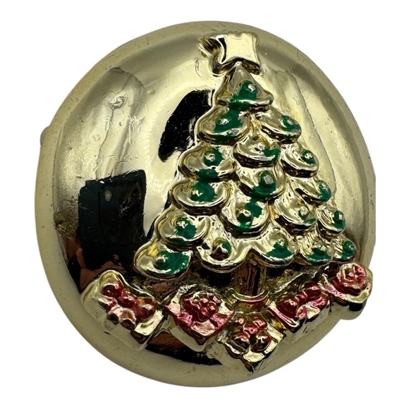 Vintage‎ Enamel Christmas Tree Brooch with Gold-Tone Finish, 1.5” - Picture 2 of 5